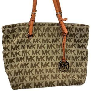 Michael Kors L Tan Orange Jacquard Fabric Tote